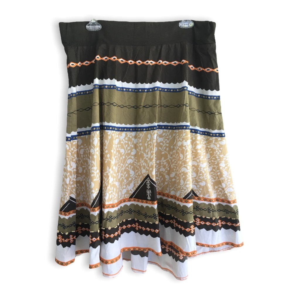 90s Y2K VINTAGE | MIMI MATERNITY Boho Chic Aztec Print Hi-Lo Cotton Beaded Skirt